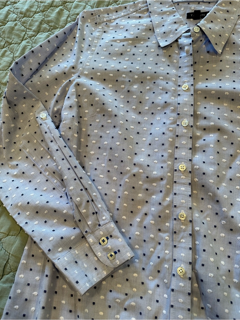 Talbots Light Blue Button-Down Shirt with Navy and White Dot Print - Picture 8 of 11